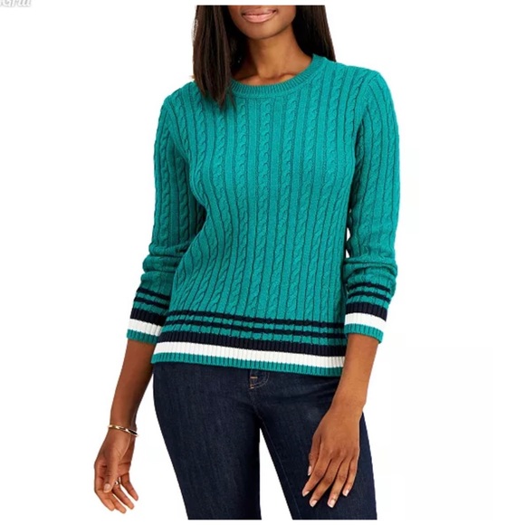 Tommy Hilfiger Cable-Knit Striped-Hem Women’s Sweater Color: Green - Picture 2 of 5